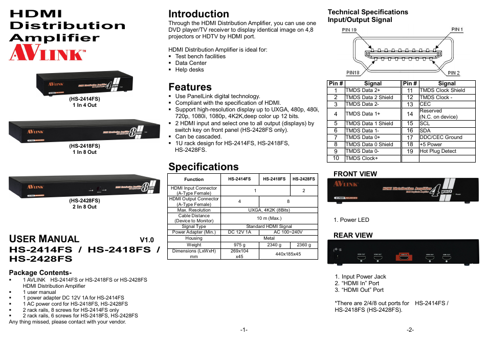 Avlink HS-2428FS User Manual | 2 pages