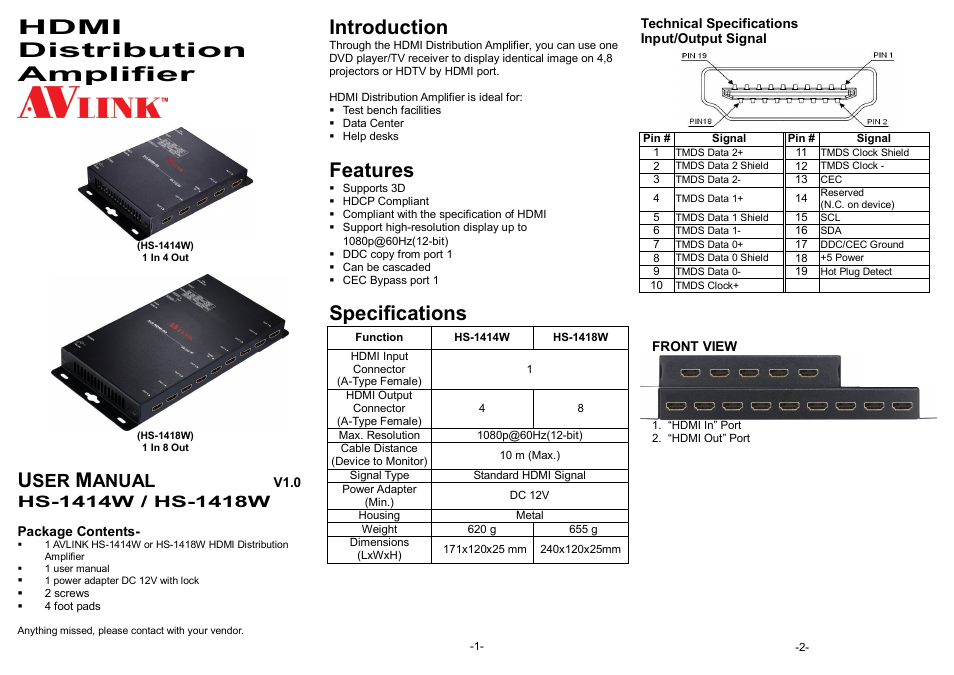 Avlink HS-1418W User Manual | 2 pages
