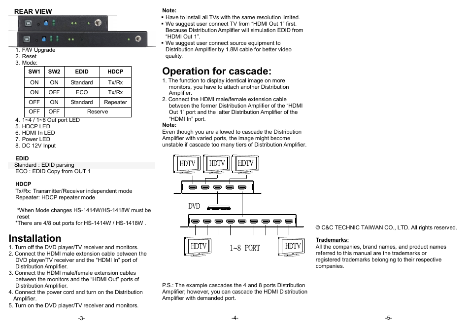 Installation, Operation for cascade | Avlink HS-1418W User Manual | Page 2 / 2