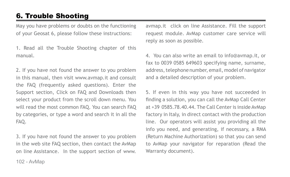 Trouble shooting | AvMap Geosat 6 series User Manual | Page 102 / 120