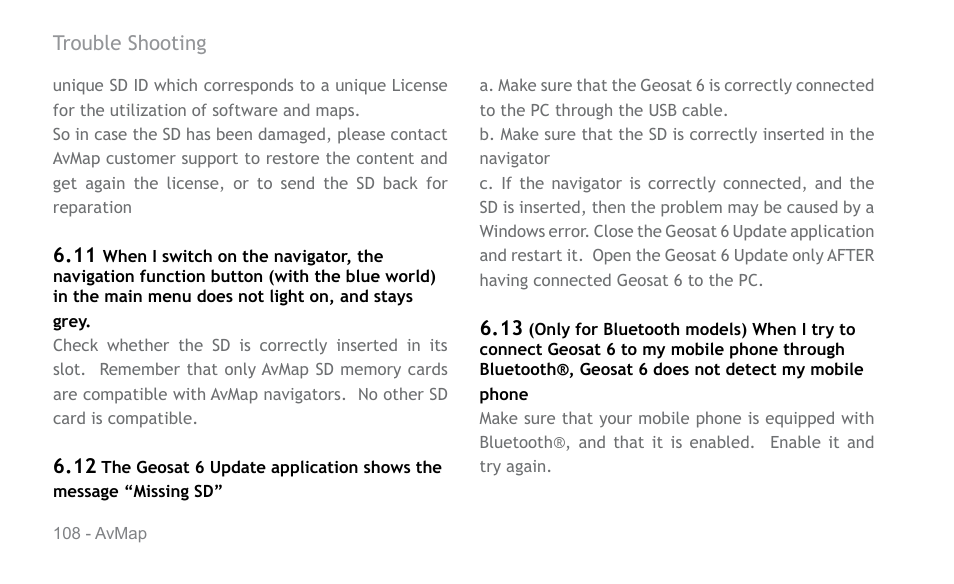 AvMap Geosat 6 series User Manual | Page 108 / 120
