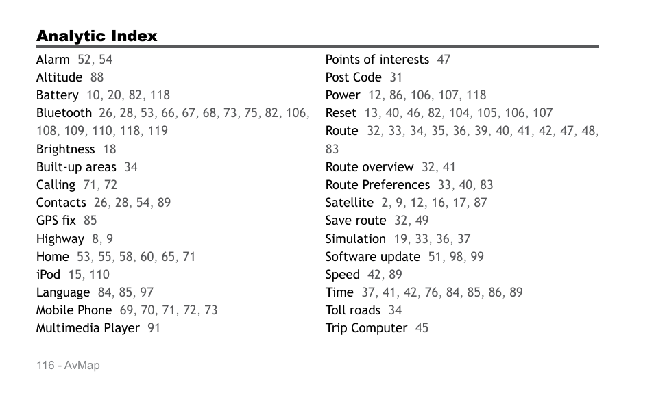 Analytic index | AvMap Geosat 6 series User Manual | Page 116 / 120