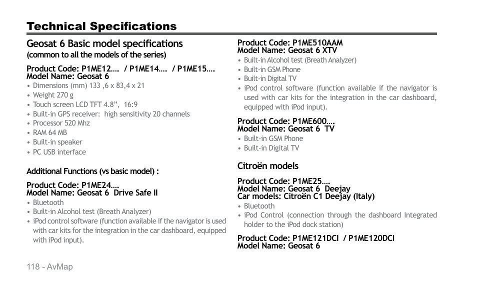 Technical specifications | AvMap Geosat 6 series User Manual | Page 118 / 120