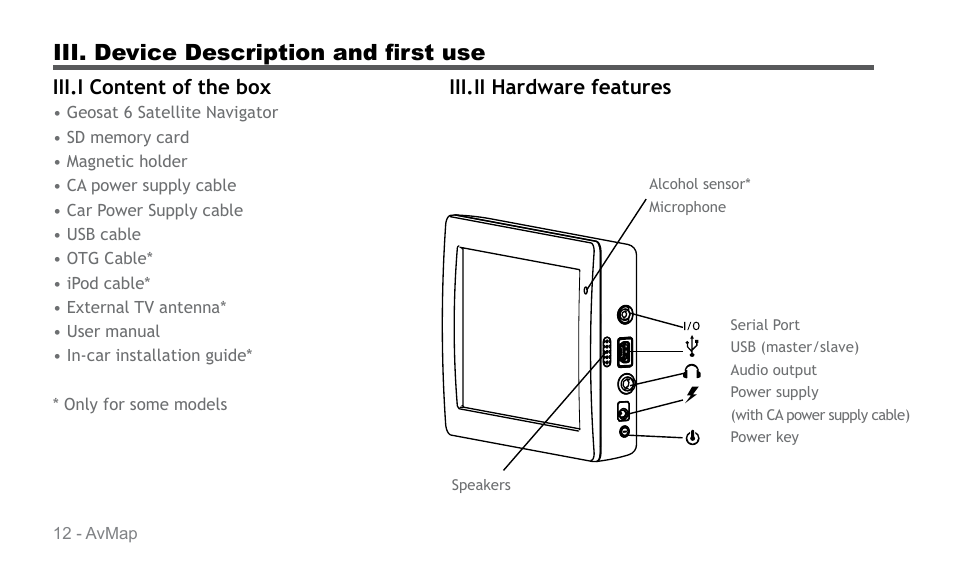 Iii. device description and first use | AvMap Geosat 6 series User Manual | Page 12 / 120
