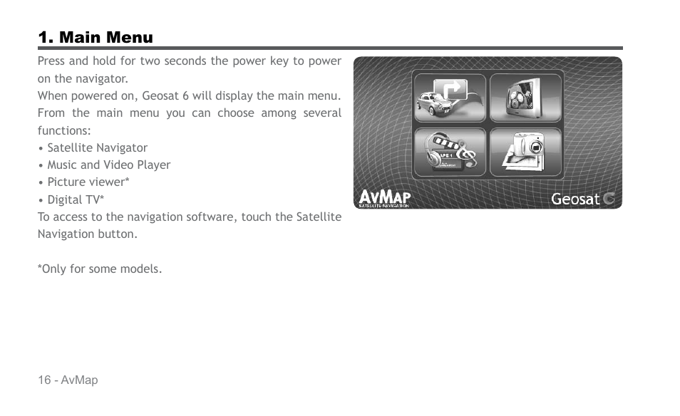 Main menu | AvMap Geosat 6 series User Manual | Page 16 / 120