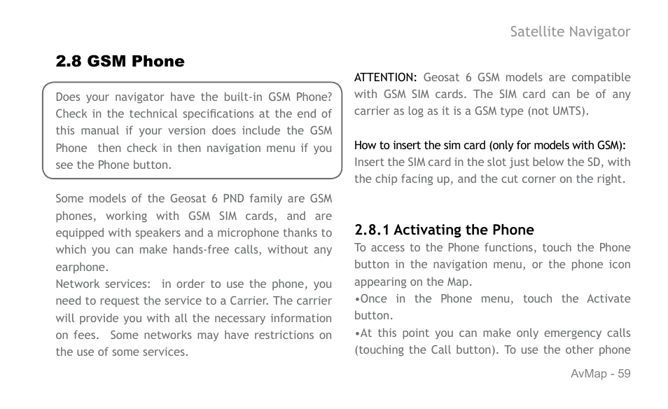 8 gsm phone | AvMap Geosat 6 series User Manual | Page 59 / 120