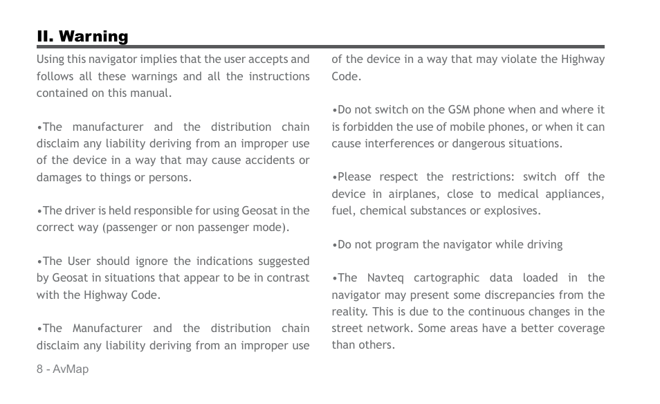 Ii. warning | AvMap Geosat 6 series User Manual | Page 8 / 120