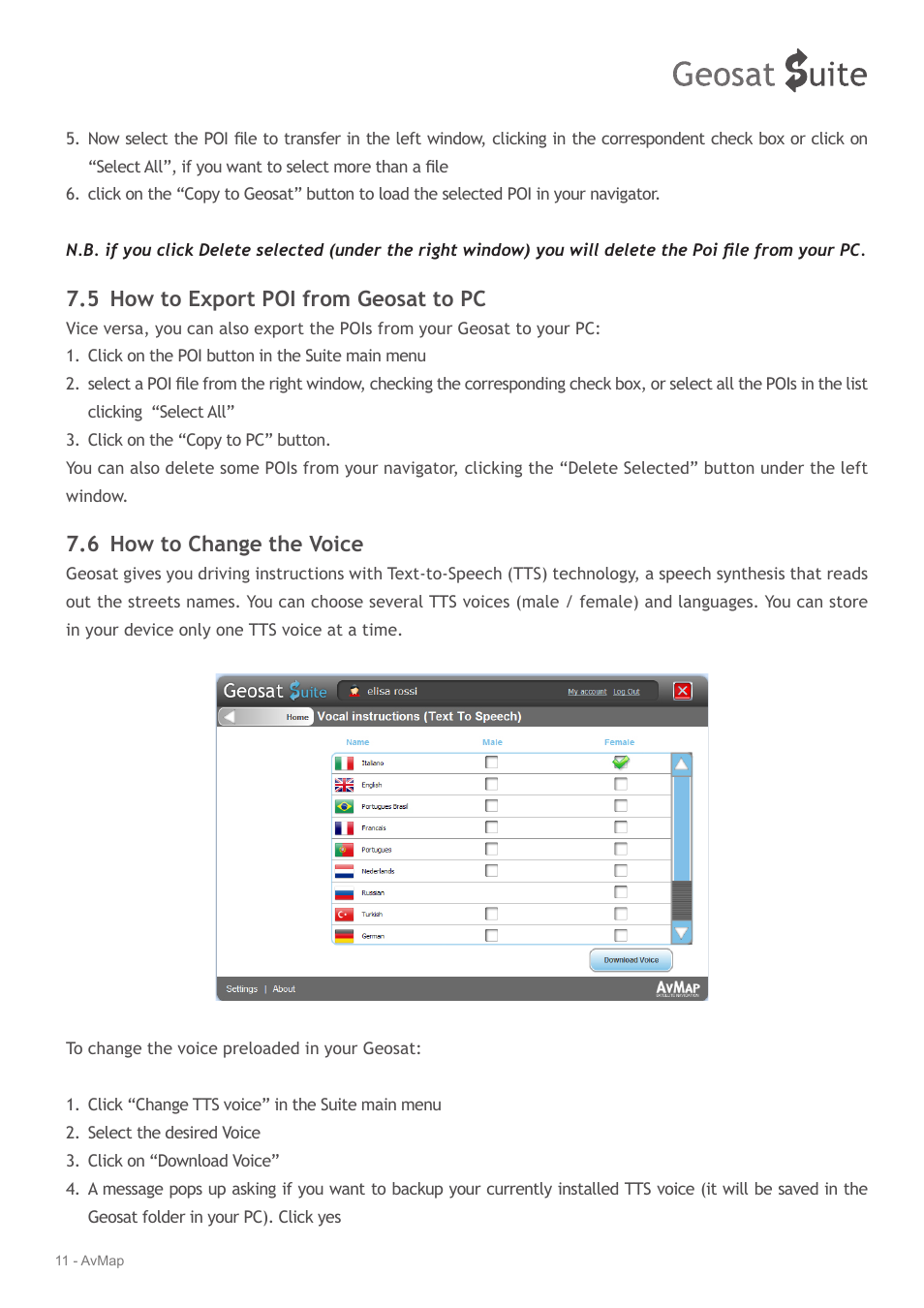 5 how to export poi from geosat to pc, 6 how to change the voice | AvMap Geosat Suite User Manual | Page 11 / 14