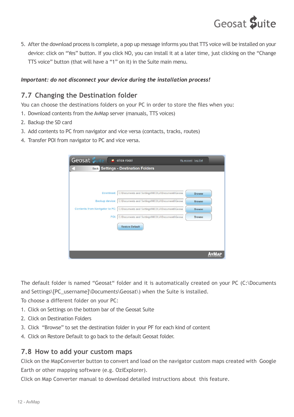 7 changing the destination folder, 8 how to add your custom maps | AvMap Geosat Suite User Manual | Page 12 / 14