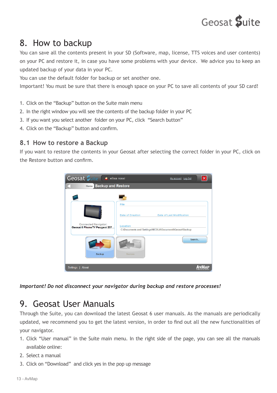 How to backup, Geosat user manuals | AvMap Geosat Suite User Manual | Page 13 / 14
