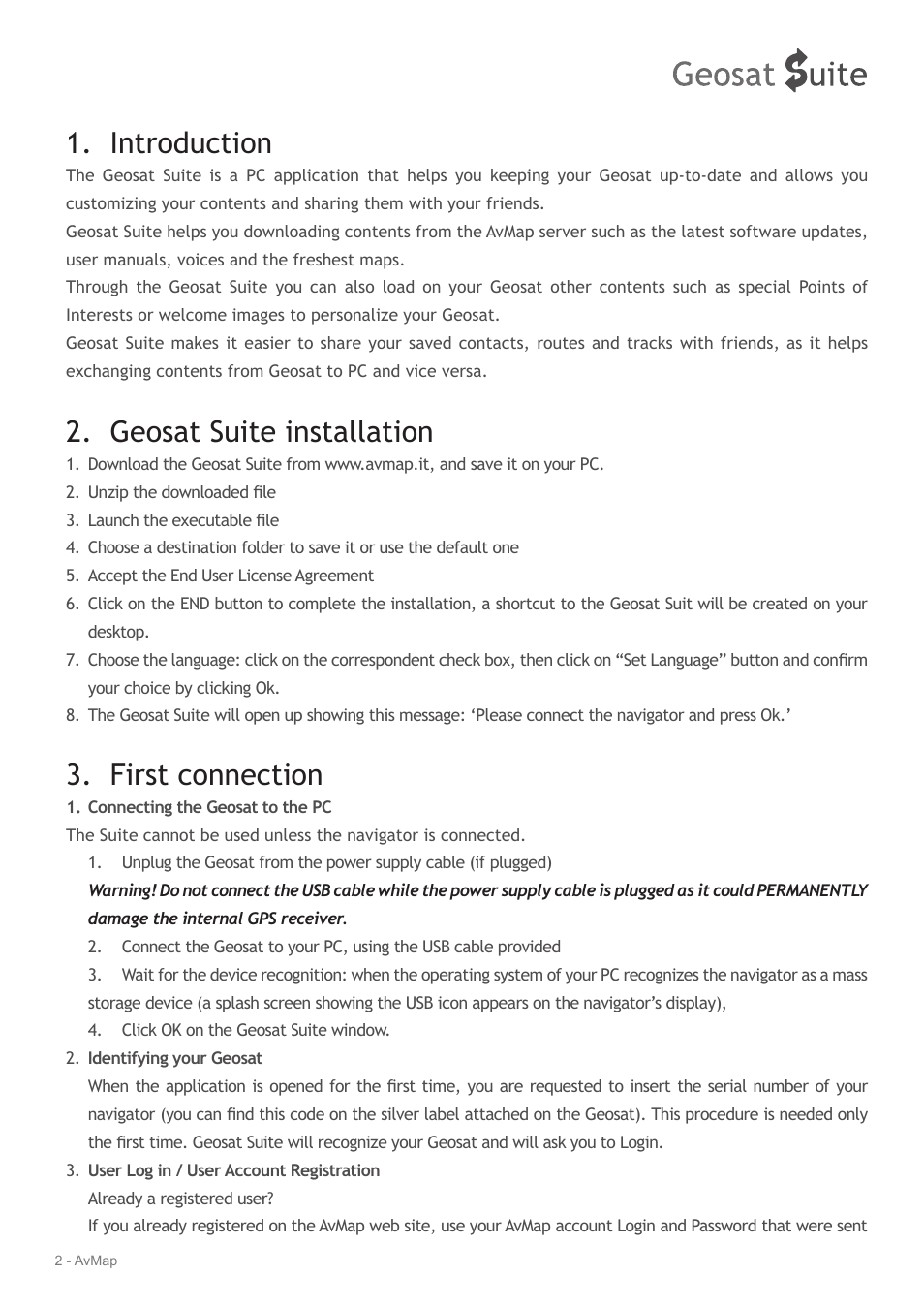Introduction, Geosat suite installation, First connection | AvMap Geosat Suite User Manual | Page 2 / 14