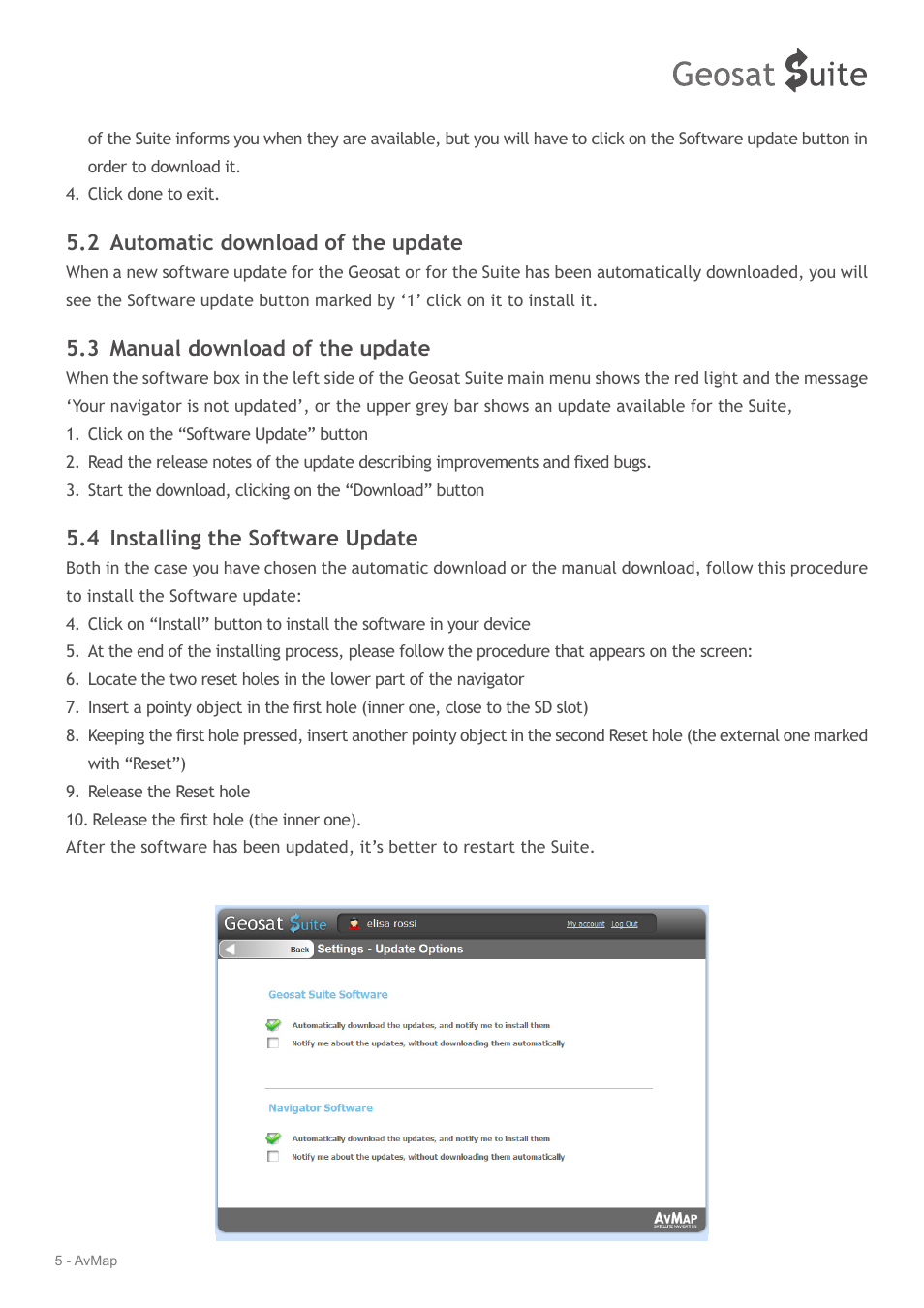 2 automatic download of the update, 3 manual download of the update, 4 installing the software update | AvMap Geosat Suite User Manual | Page 5 / 14