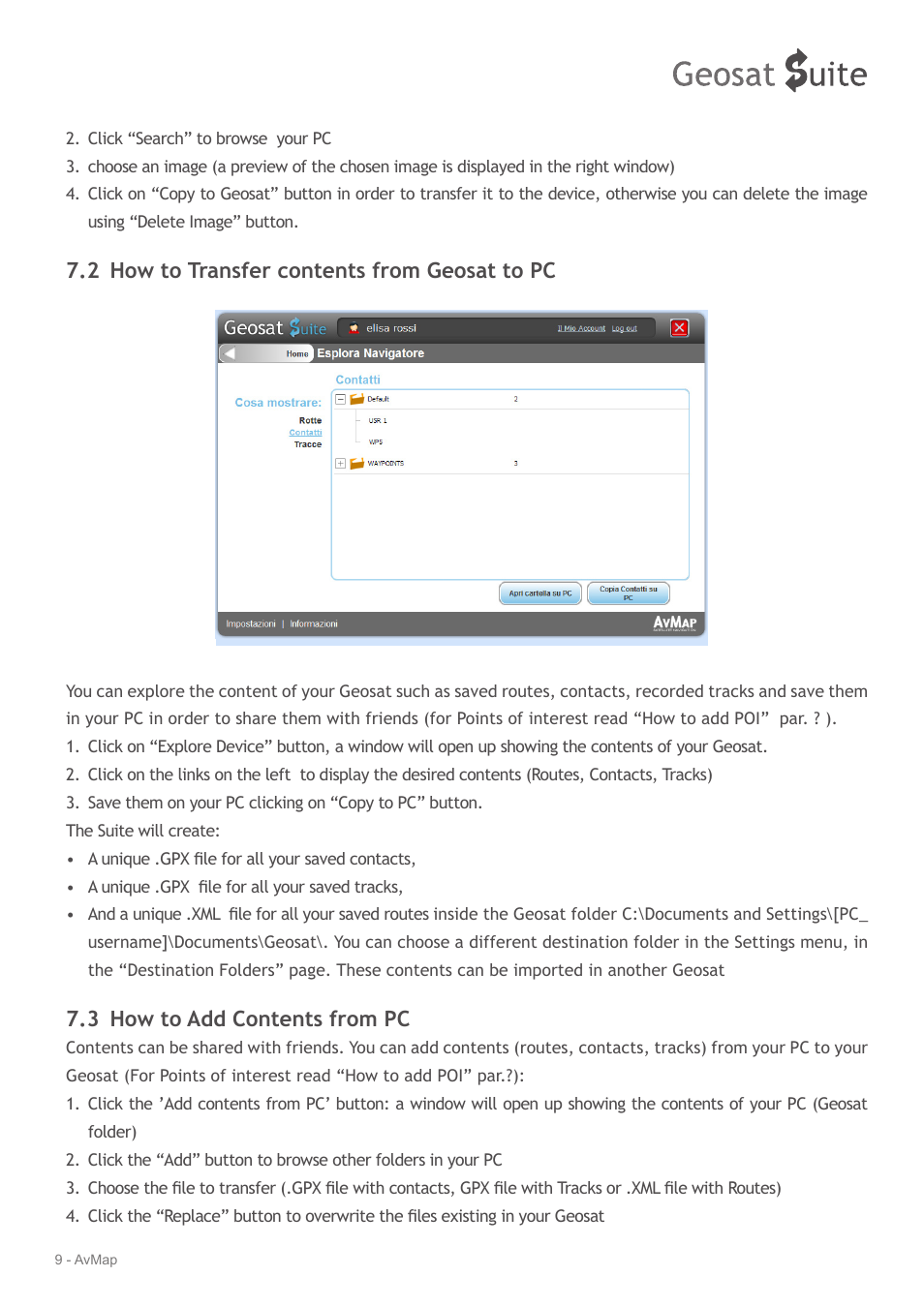 2 how to transfer contents from geosat to pc, 3 how to add contents from pc | AvMap Geosat Suite User Manual | Page 9 / 14