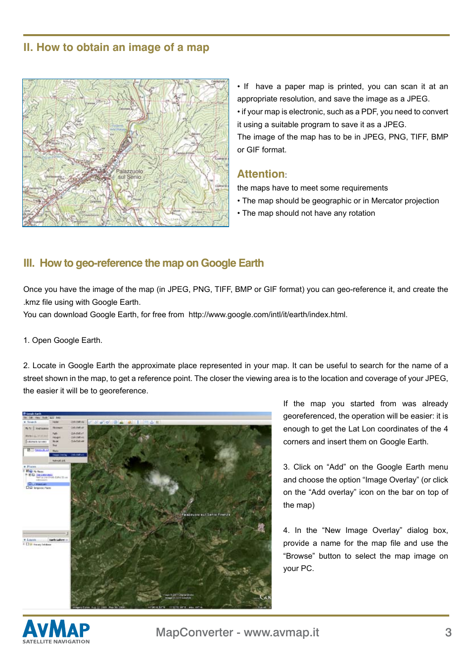 Ii. how to obtain an image of a map, Attention, Iii. how to geo-reference the map on google earth | AvMap MapConverter User Manual | Page 3 / 8