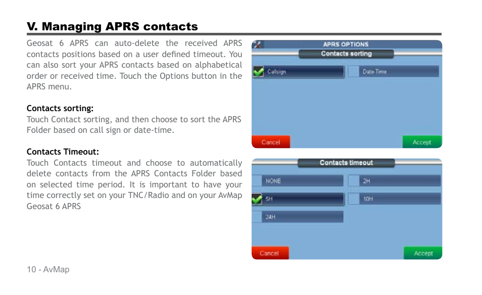 V. managing aprs contacts | AvMap APRS User Manual | Page 10 / 36