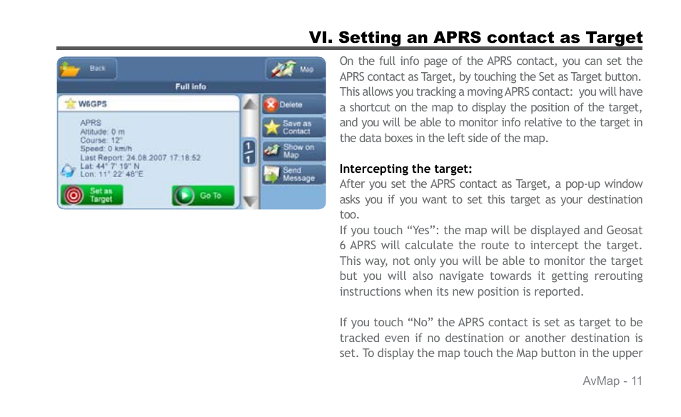 Vi. setting an aprs contact as target | AvMap APRS User Manual | Page 11 / 36