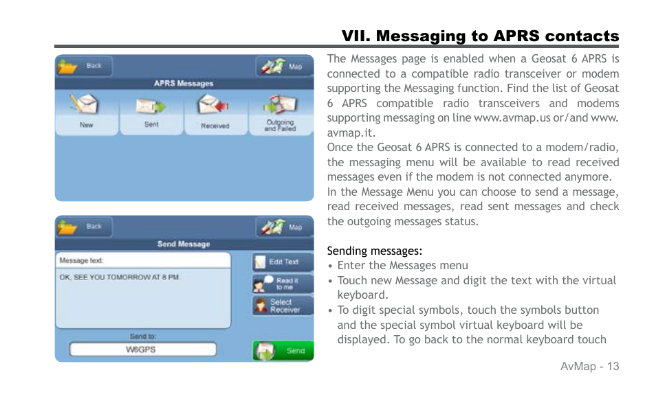 Vii. messaging to aprs contacts | AvMap APRS User Manual | Page 13 / 36