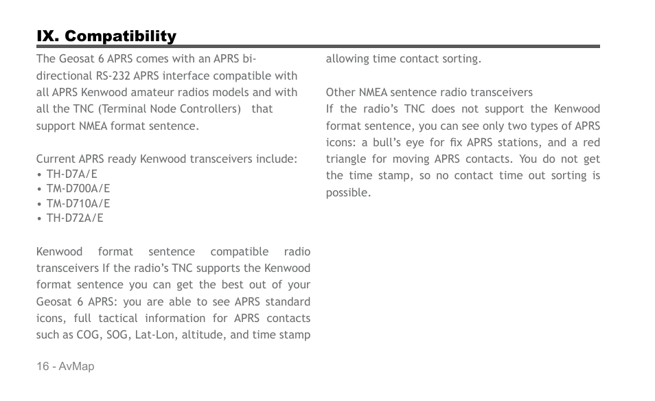 Ix. compatibility | AvMap APRS User Manual | Page 16 / 36