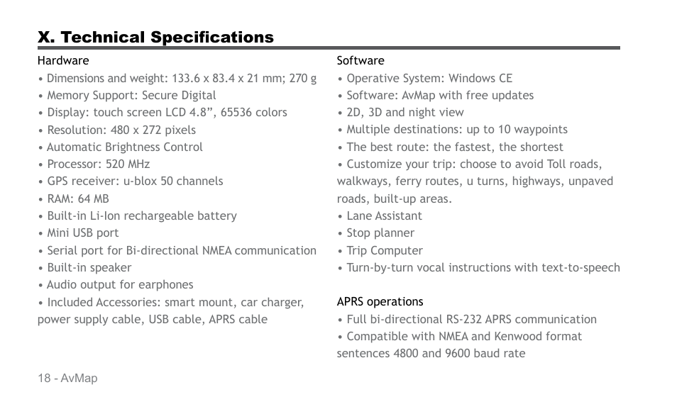 X. technical specifications | AvMap APRS User Manual | Page 18 / 36