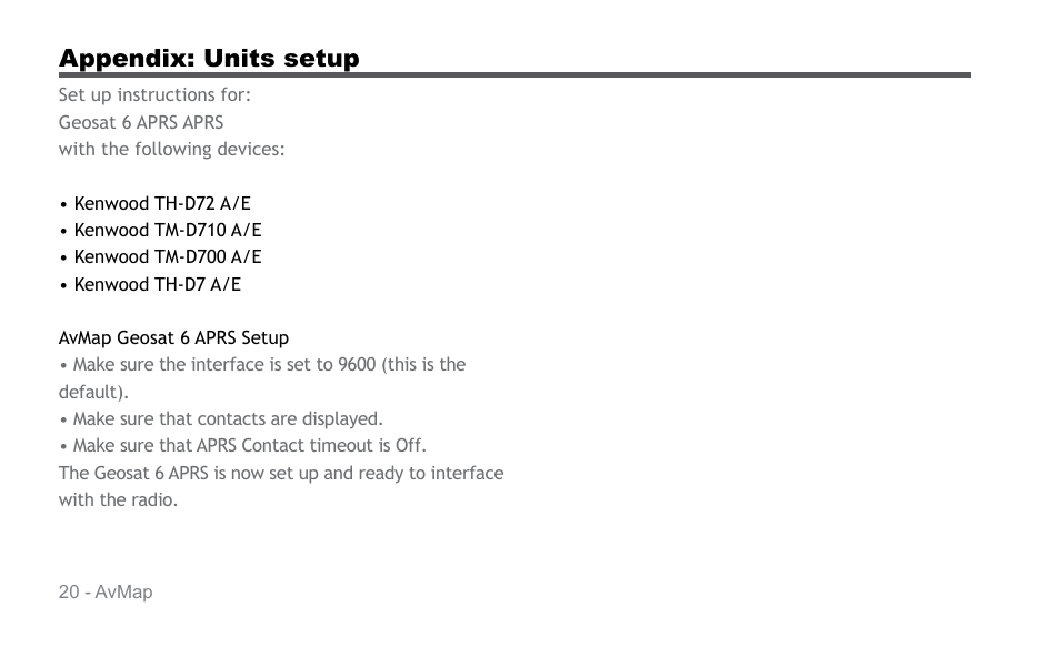 Appendix: units setup | AvMap APRS User Manual | Page 20 / 36