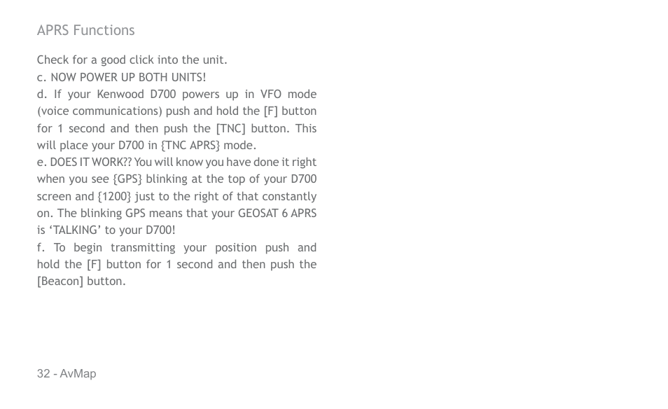 AvMap APRS User Manual | Page 32 / 36