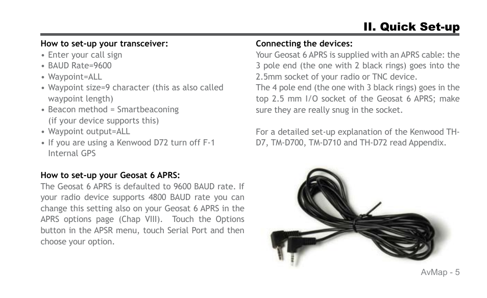 Ii. quick set-up | AvMap APRS User Manual | Page 5 / 36