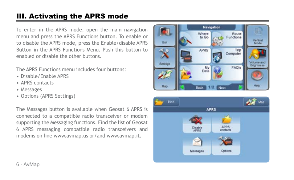 Iii. activating the aprs mode | AvMap APRS User Manual | Page 6 / 36