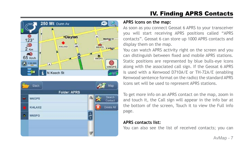 Iv. finding aprs contacts | AvMap APRS User Manual | Page 7 / 36