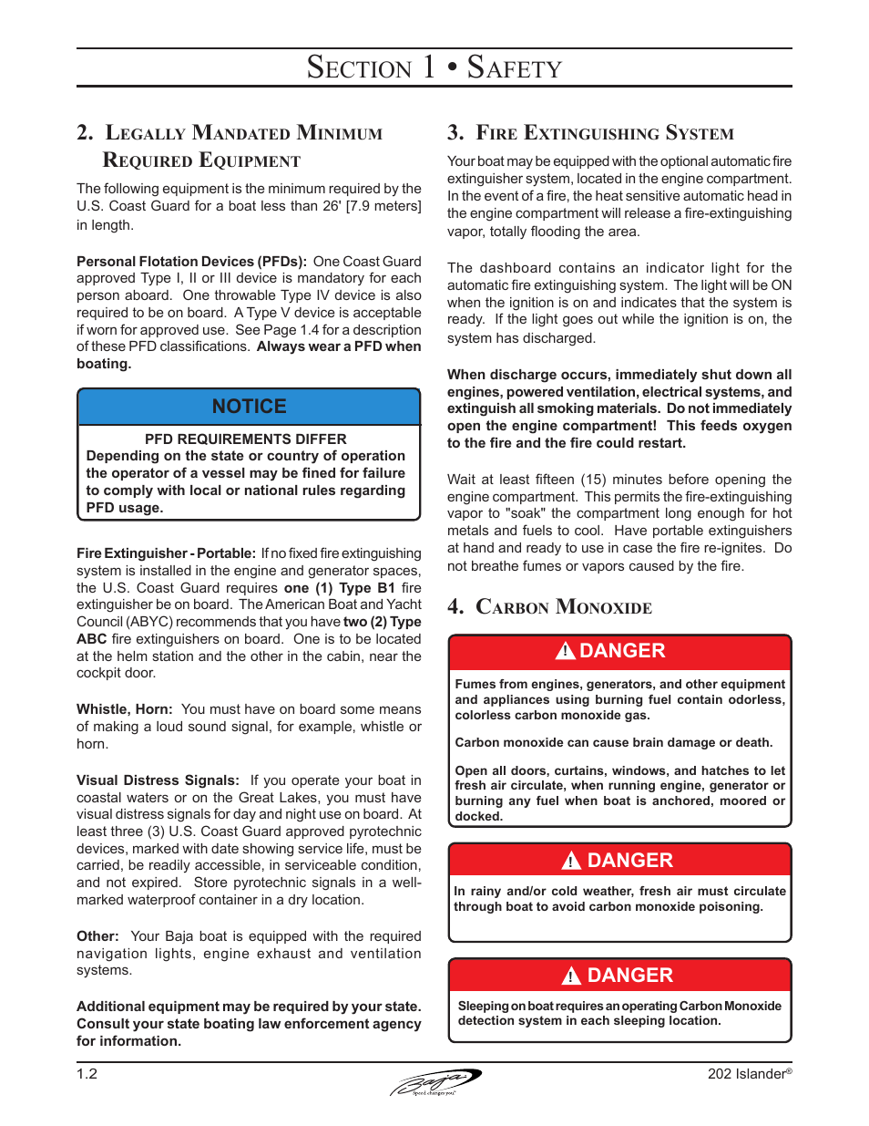 1 • s, Ection, Afety | Danger, Notice | Baja Marine 202 Islander User Manual | Page 12 / 83