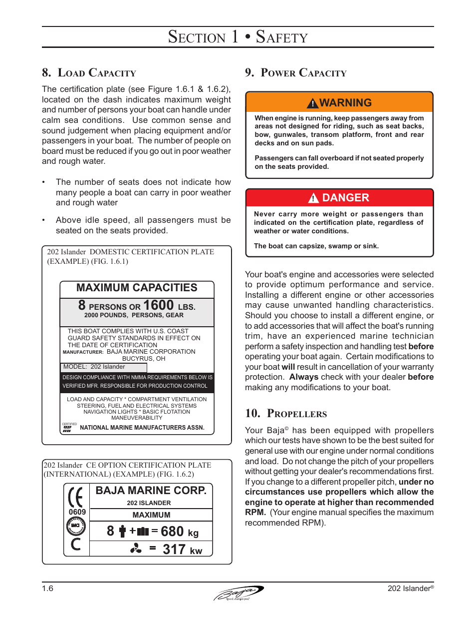1 • s, Ection, Afety | Warning, Danger, Maximum capacities, Baja marine corp | Baja Marine 202 Islander User Manual | Page 16 / 83