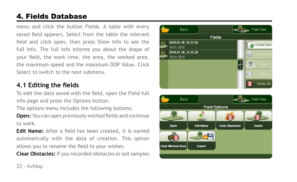 Fields database | AvMap G6 User Manual | Page 22 / 32