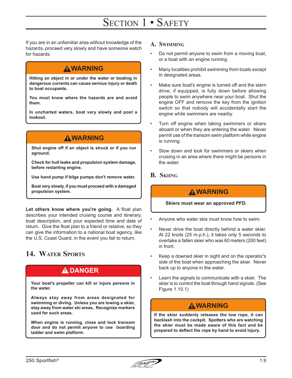 1 • s, Ection, Afety | Warning, Danger, A. s, B. s | Baja Marine Sportfish 250 User Manual | Page 19 / 83