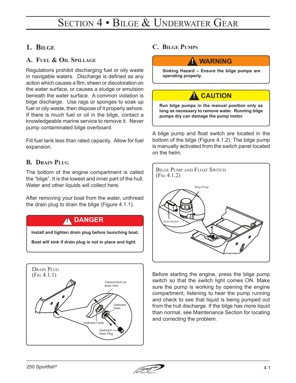 4 • b, Ection, Ilge | Nderwater, A. f, B. d, C. b, Caution, Warning ! danger | Baja Marine Sportfish 250 User Manual | Page 45 / 83