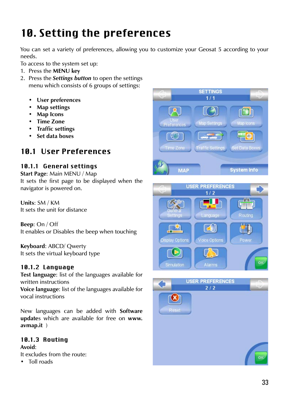 Setting the preferences | AvMap Geosat 5 series Manual User Manual | Page 33 / 48