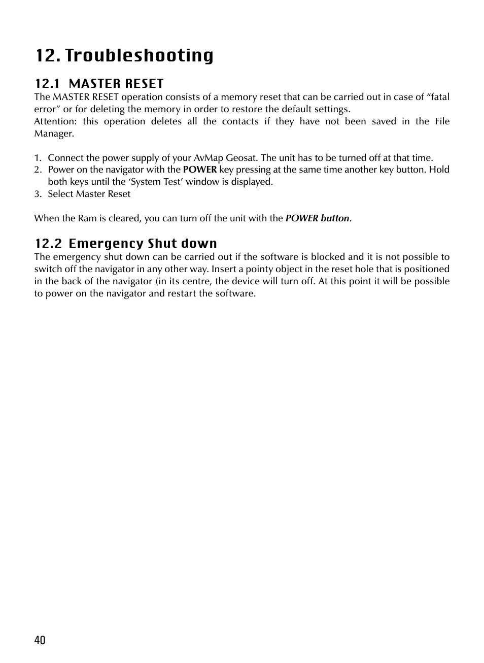 Troubleshooting | AvMap Geosat 5 series Manual User Manual | Page 40 / 48