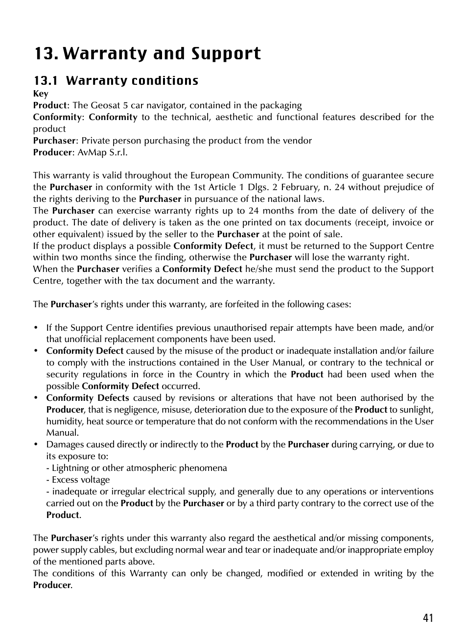 Warranty and support | AvMap Geosat 5 series Manual User Manual | Page 41 / 48