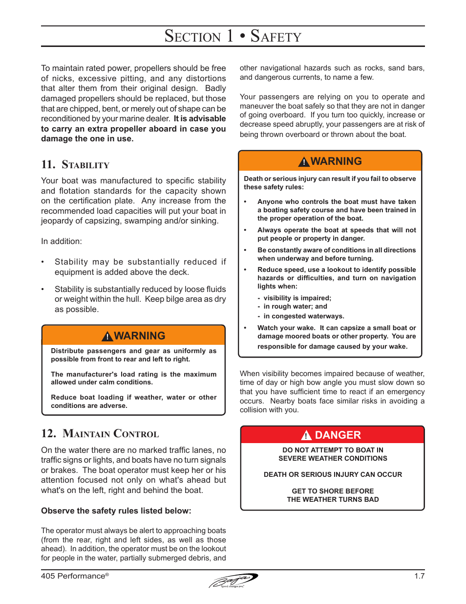 1 • s, Ection, Afety | Warning, Danger | Baja Marine Performance 405 User Manual | Page 17 / 88