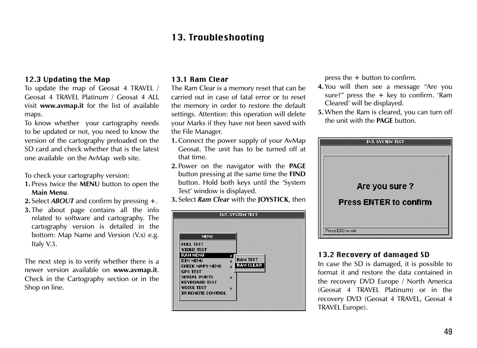 Troubleshooting | AvMap Geosat 4 TRAVEL Europe User Manual | Page 49 / 60