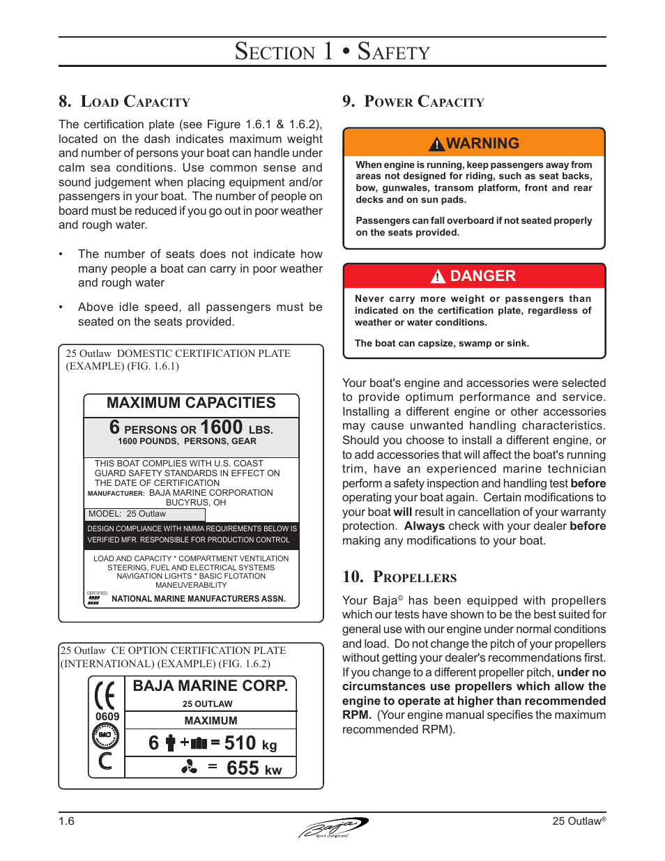 1 • s, Ection, Afety | Warning, Danger, Maximum capacities, Baja marine corp | Baja Marine Outlaw 25 User Manual | Page 16 / 87