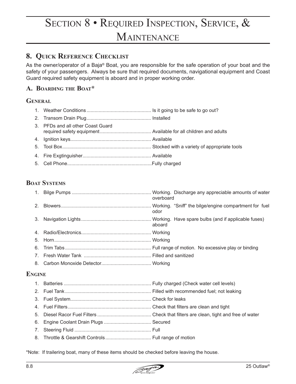 8 • r, Ection, Equired | Nspection, Ervice, Aintenance | Baja Marine Outlaw 25 User Manual | Page 75 / 87