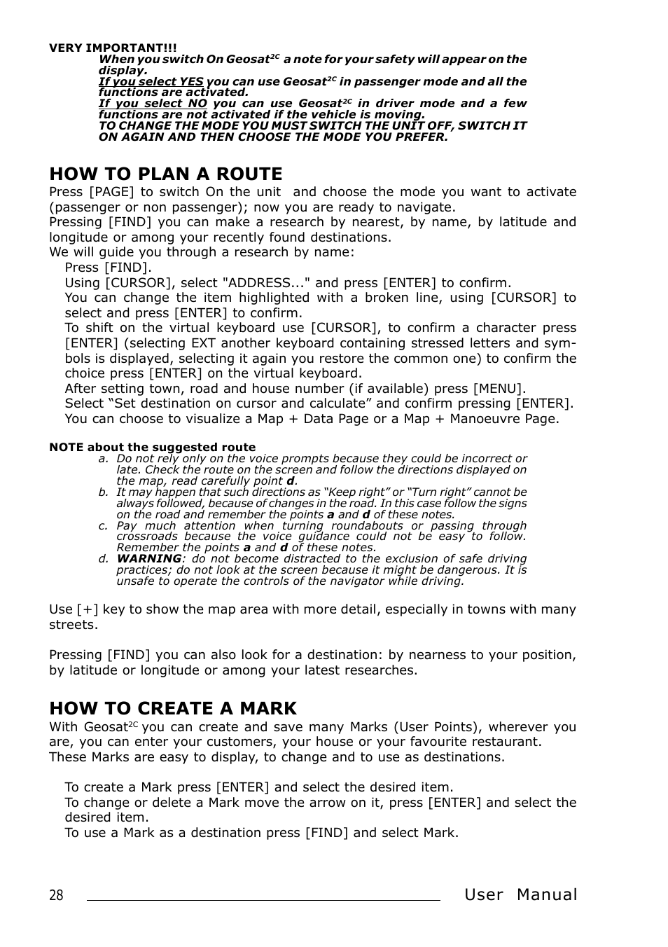 How to plan a route, How to create a mark, User manual | AvMap Geosat 2C User Manual | Page 8 / 17