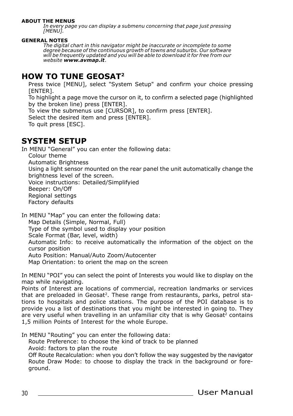 How to tune geosat, System setup, User manual | AvMap Geosat 2 User Manual | Page 10 / 17