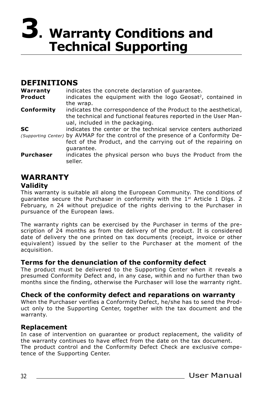 Warranty conditions and technical supporting, Definitions, Warranty | AvMap Geosat 2 User Manual | Page 12 / 17