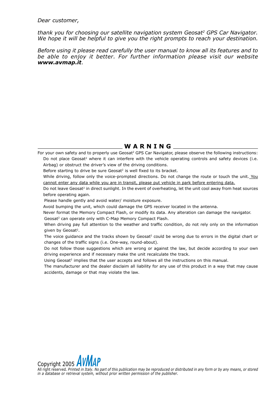 Copyright 2005 | AvMap Geosat 2 User Manual | Page 3 / 17