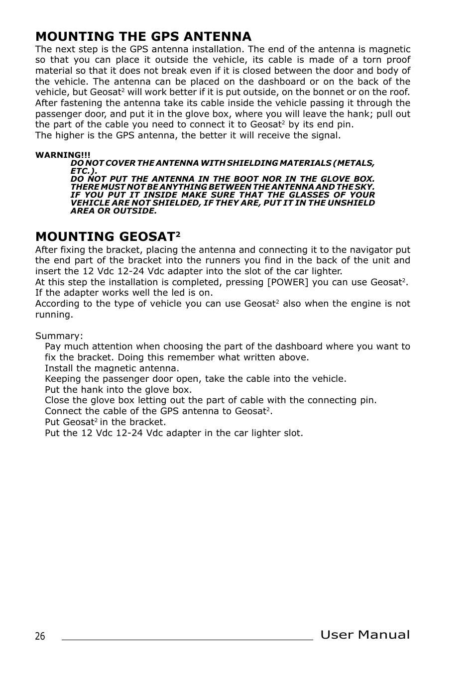 Mounting the gps antenna, Mounting geosat, User manual | AvMap Geosat 2 User Manual | Page 6 / 17