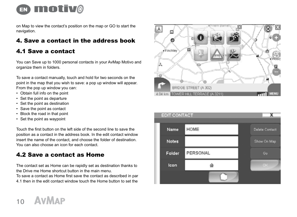 2 save a contact as home | AvMap Motivo User Manual | Page 10 / 20