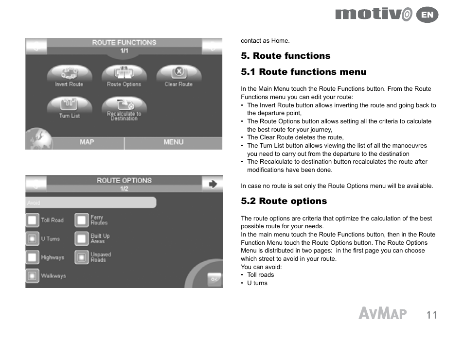 Route functions 5.1 route functions menu, 2 route options | AvMap Motivo User Manual | Page 11 / 20