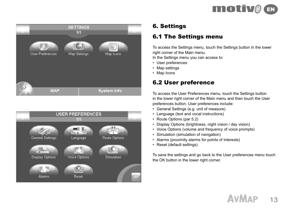 Settings 6.1 the settings menu, 2 user preference | AvMap Motivo User Manual | Page 13 / 20