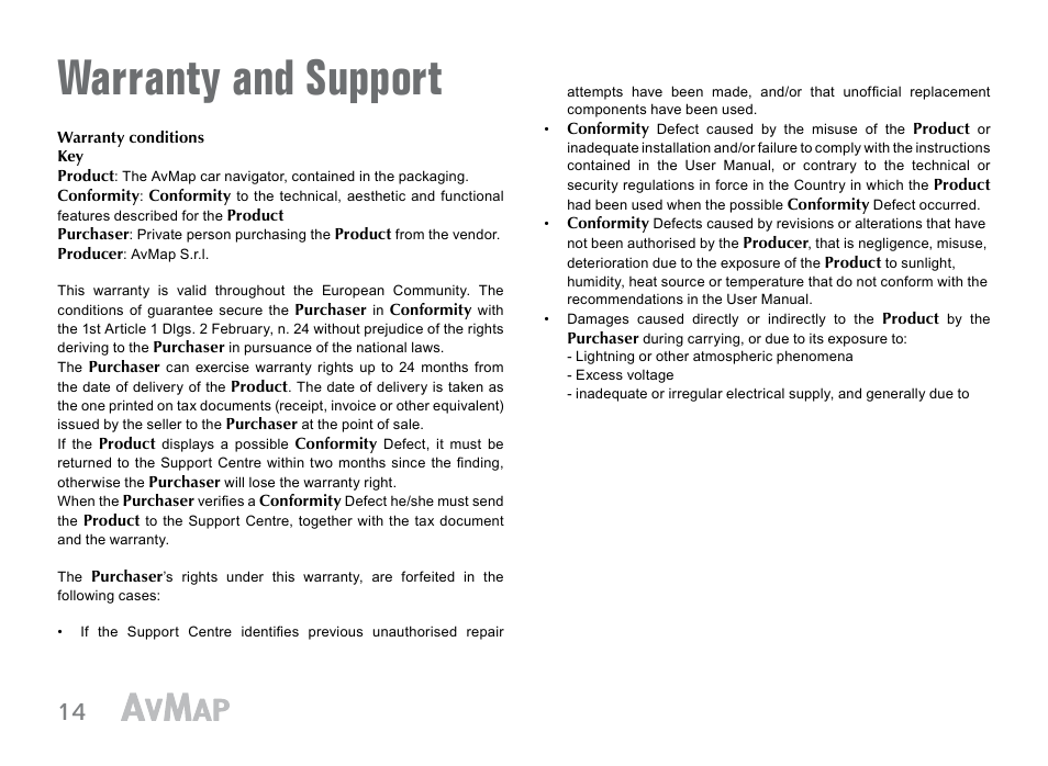 Warranty and support | AvMap Motivo User Manual | Page 14 / 20
