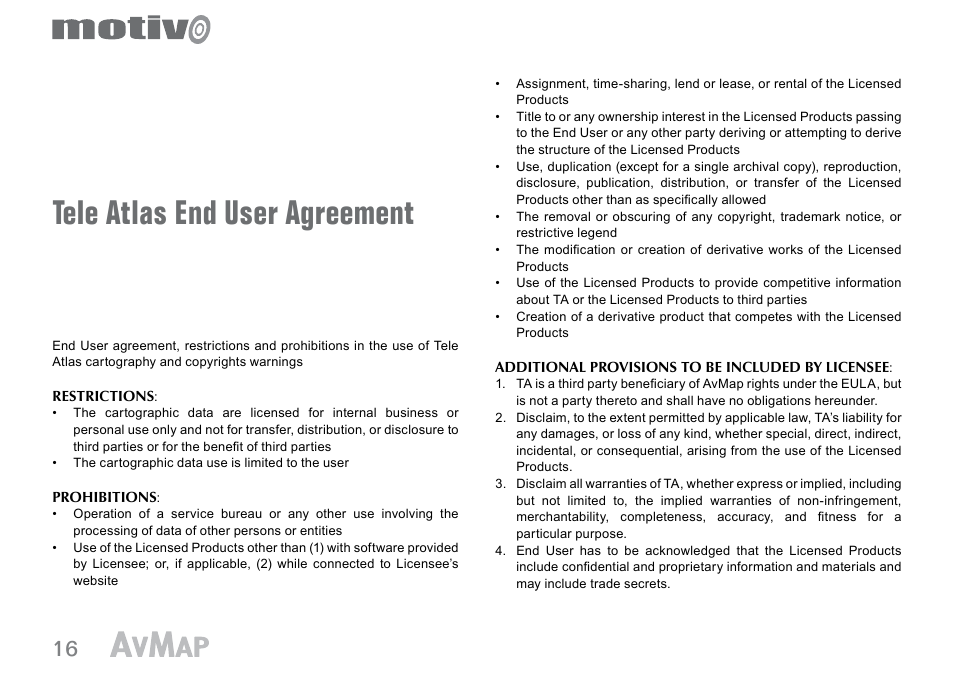 Tele atlas end user agreement | AvMap Motivo User Manual | Page 16 / 20